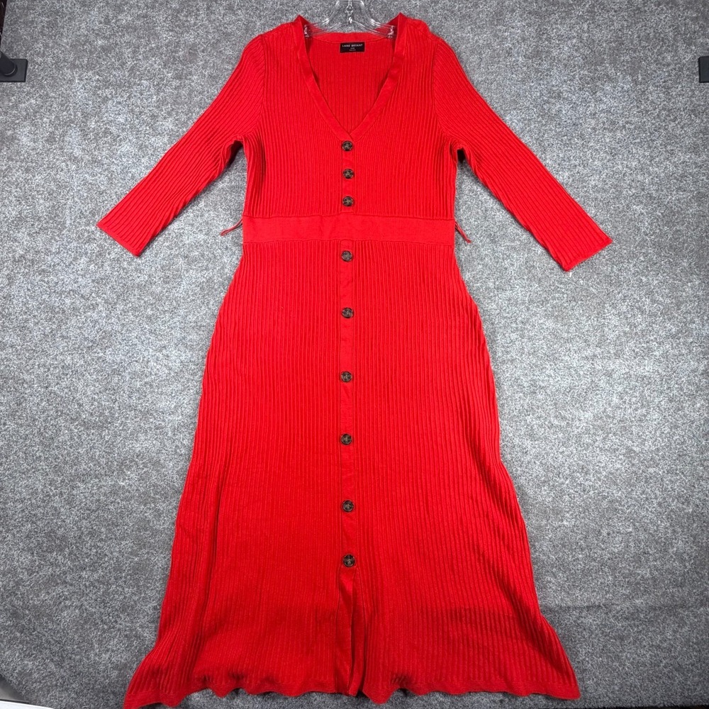 Lane Bryant Sweater Dress Womens 14/16 Red Ribbed Tight Knit Button Front V Neck